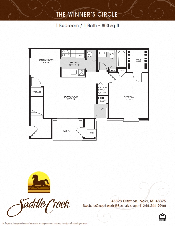 Floor plan for 1 bed, 1 bath, 777 sqft